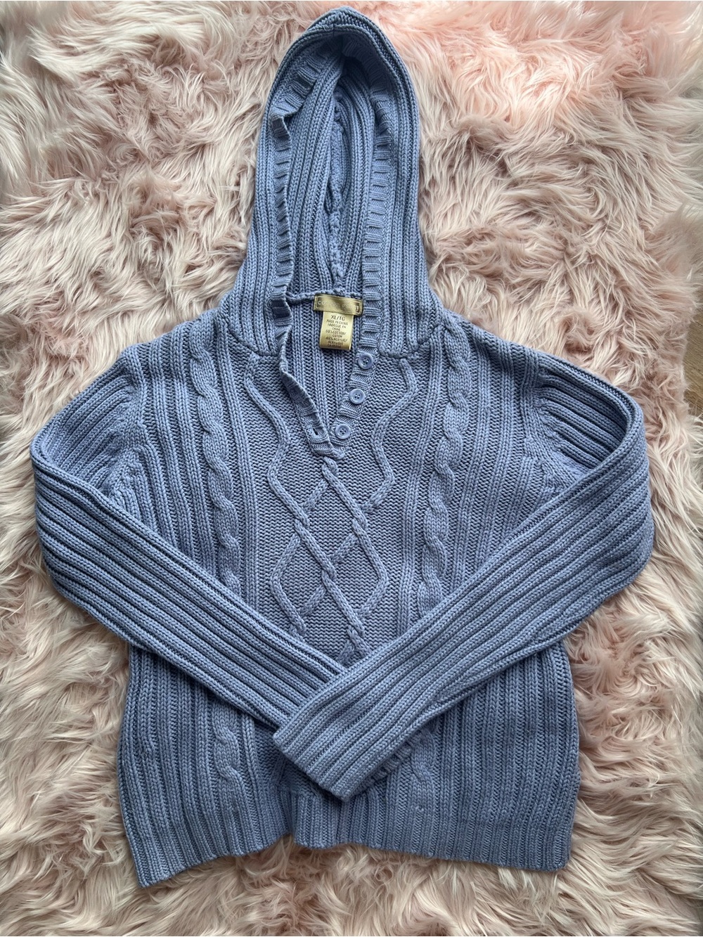 90s Cotton Ginny Hooded Cable V-Neck Sweater in Dusty Blue XL